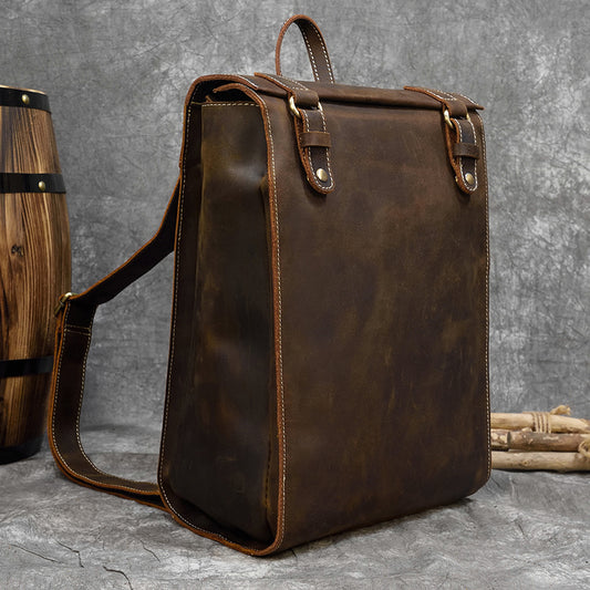 Mochila Retro de Cuero Crazy Horse Marrón 14'' Hombre